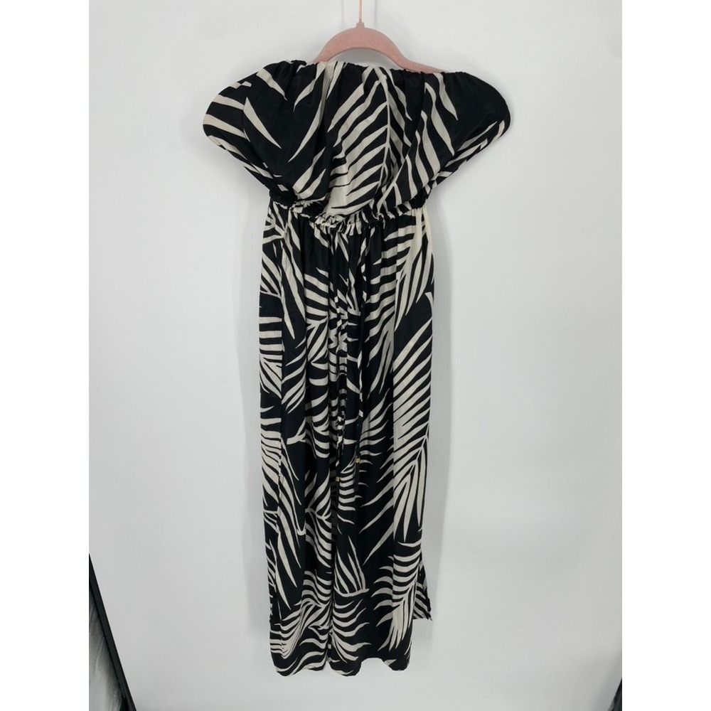 True Destination Jumpsuit Women XS Black Ivory Leaf Print Wide Leg Vacation NWOT